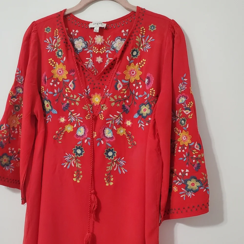 Umgee Boho Red Embroidered Tunic Top Large - Picture 2 of 9